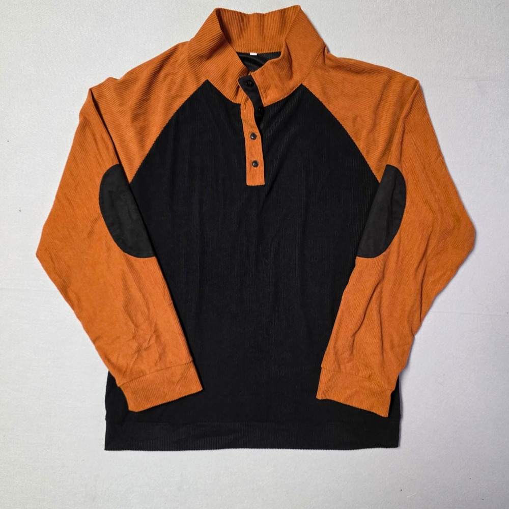 Mens 2XL Corduroy Pullover Orange Black 1/4 Button Elbow Patch Colorblock
